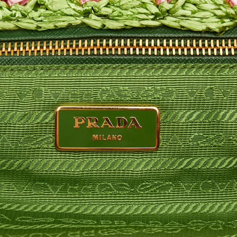 一度使用のみ PRADA ラフィアクロケット バッグ ピンク グリーン 一度