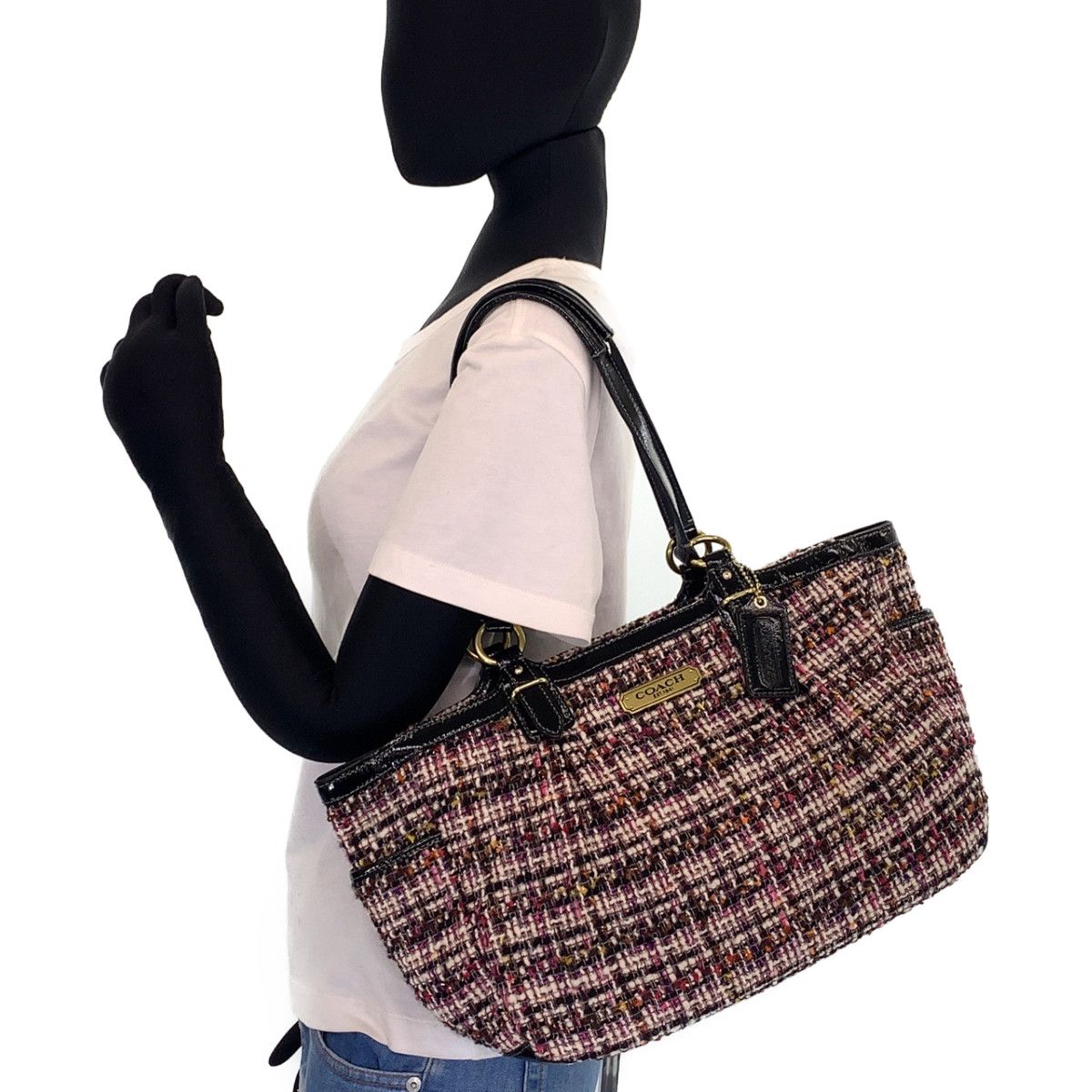 COACH コーチ ツイード ブラック 黒 ピンク ゴールド金具 レザー 