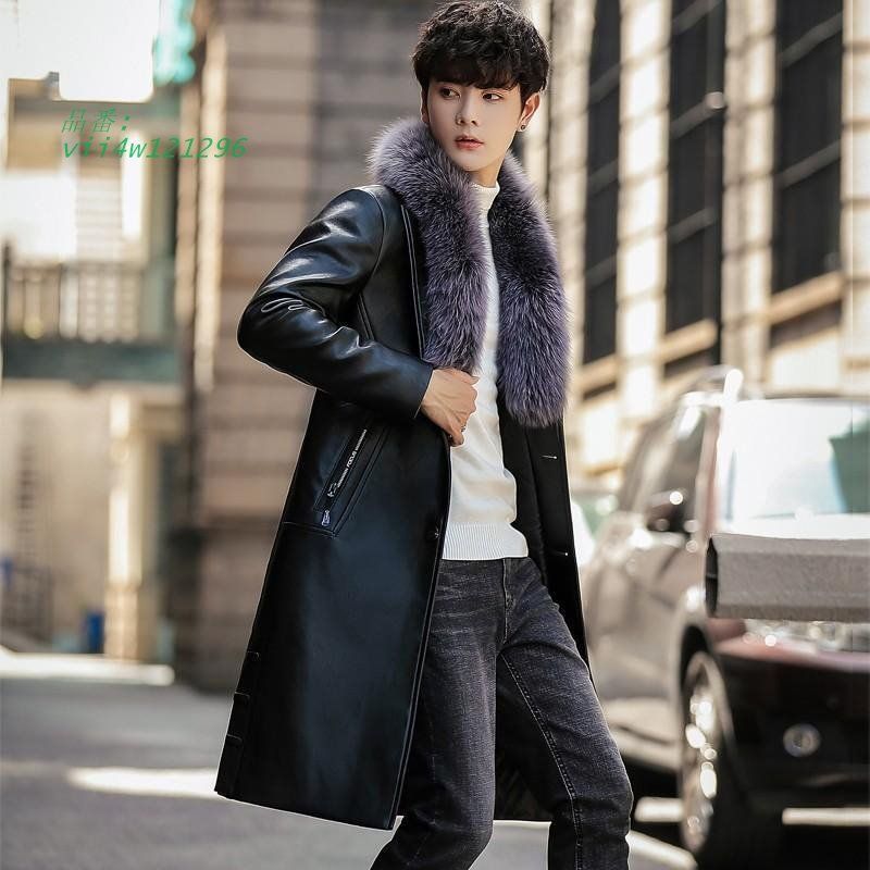秋冬 ロング丈コート レザーコート 二つボタン ライダース PU フェイクファー付き メンズ 革 中綿 アウター vii4w121296