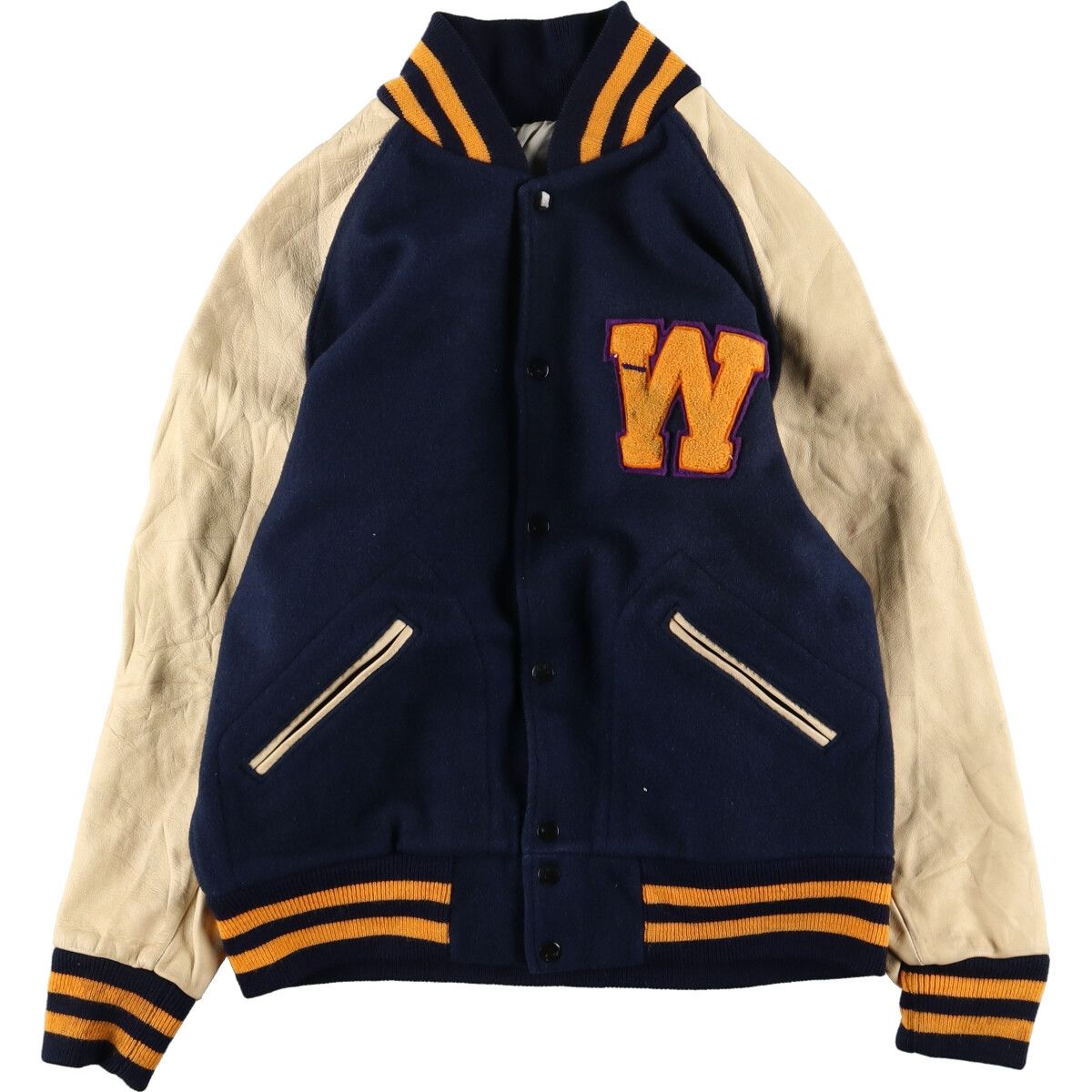 古着 TM ATHLETICS 袖革ウールスタジャン アワードジャケット