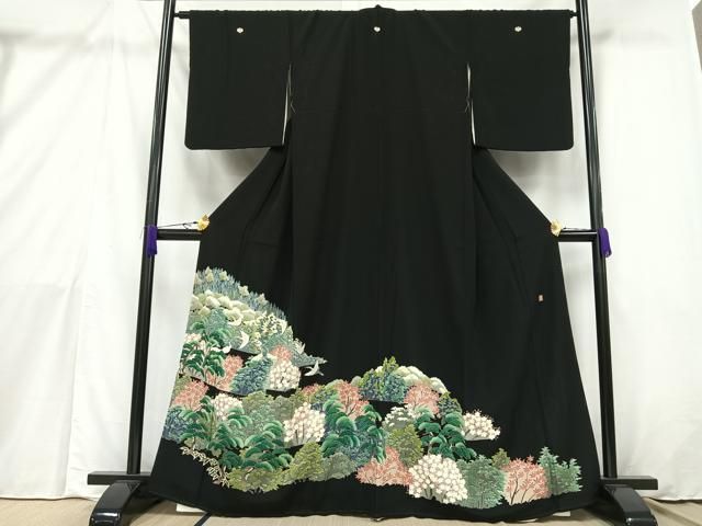 平和屋着物□本加賀友禅作家 鶴見保次 黒留袖 鶴 樹林文 正絹