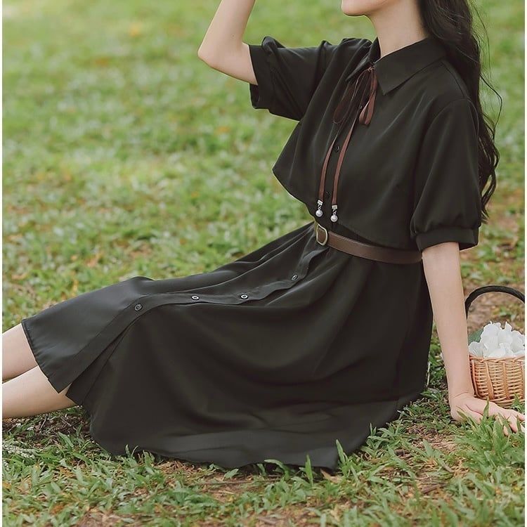 新品】フレンチレトロ♡ハイウエストボウタイリボンワンピース 新品】フレンチレトロ♡ハイウエストボウタイリボンワンピース