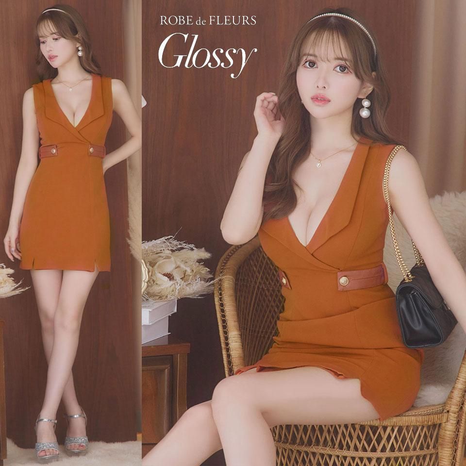 Glossy ローブドフルールグロッシー 襟付きレザーベルトデザインミニドレス XSサイズあり【Glossy/グロッシー】襟付き/ レザーベルト