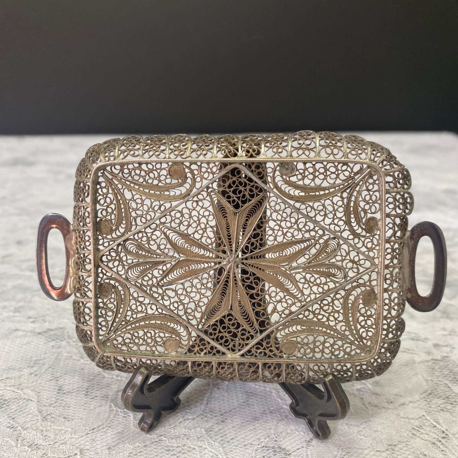 アンティークシルバー800 トレー銀線細工の可愛いミニチュアトレイ