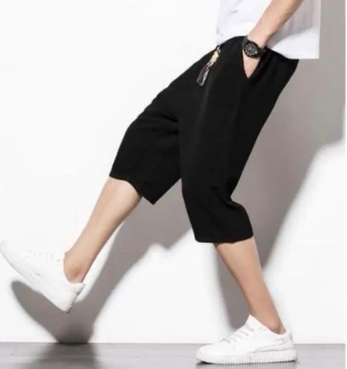 メンズ サルエルパンツ 七分丈 綿 黒 調整紐 ワイドパンツ03 メンズ サルエルパンツ 七分丈 綿 黒 調整紐 ワイドパンツ03