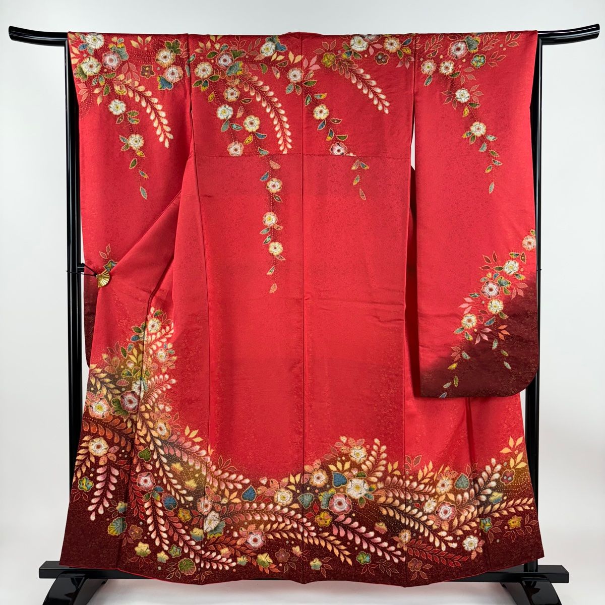 美品 本振袖 翠山工房 辻が花 絞り 朱色 トールサイズ 身丈170cm 振袖 身丈159cm 裄丈67cm M 袷 翠山工房 落款 辻が花 金通し