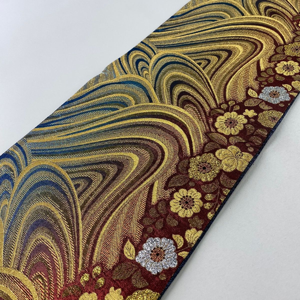 412y18☆袋帯 金糸 ラメ 辻が花 流水 古典柄 金 黒 緑☆美品 袋帯 名品 やまと 桜 段縞 金糸 箔 赤茶 六通 正絹 中古 袋帯 秀