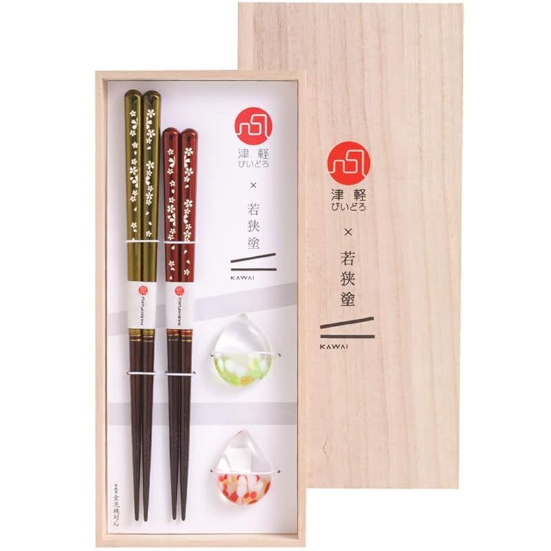 カワイ ギフトセット 津軽びいどろ×若狭塗ギフト 桜回廊 サイズ 箸 約21cm 約23cm|パッケージ 約W12 D26 H2.3 0