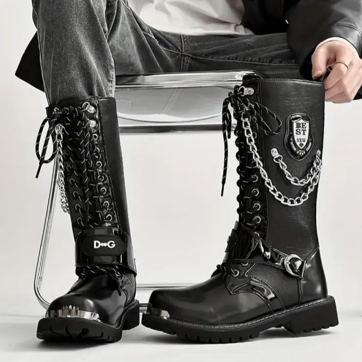 バイクブーツ ウエスタンブーツ メンズ PU ブーツ ロングブーツ