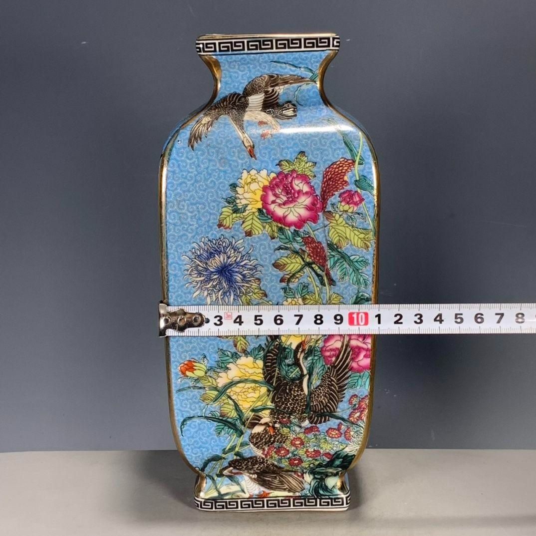 パステル琺瑯彩花鳥蒔絵藍釉四方花瓶 景徳鎮 陶磁器 装飾品 工芸