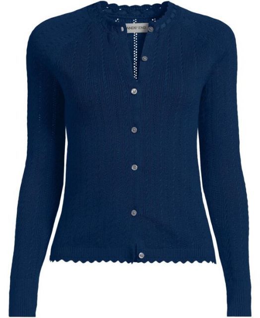 送料無料 ランズエンド レディース ニット セーター アウター Plus Size Cotton Pointelle Satin Trim Cardigan Sweater Deep sea navy