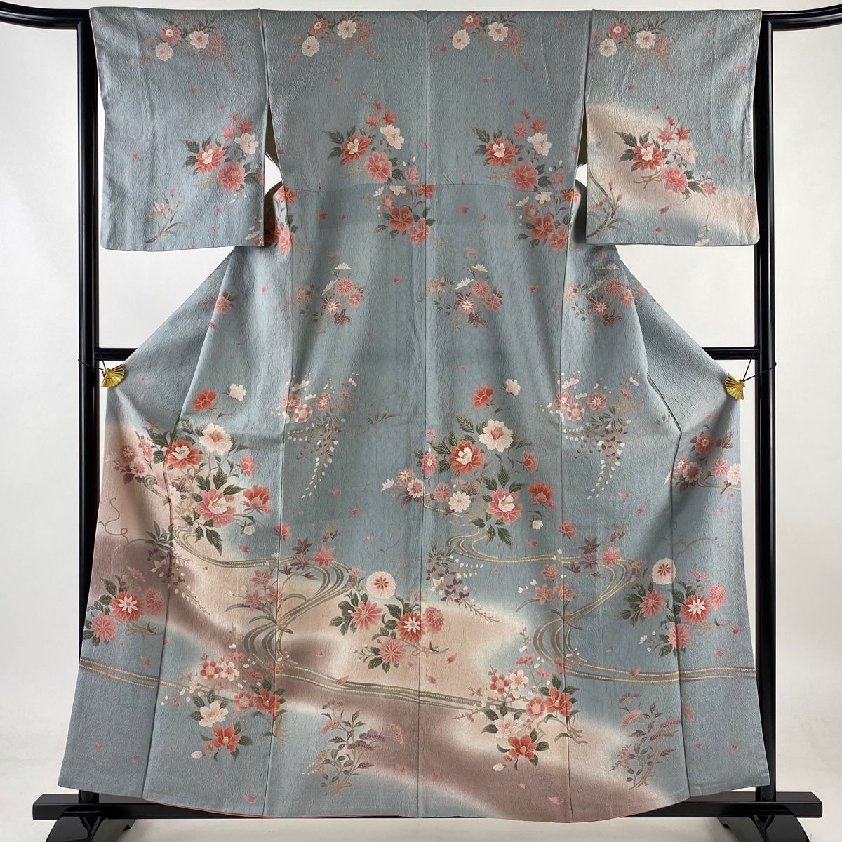 訪問着 身丈160cm 裄丈63.5cm S 袷 草花 流水 縮緬 ぼかし 青