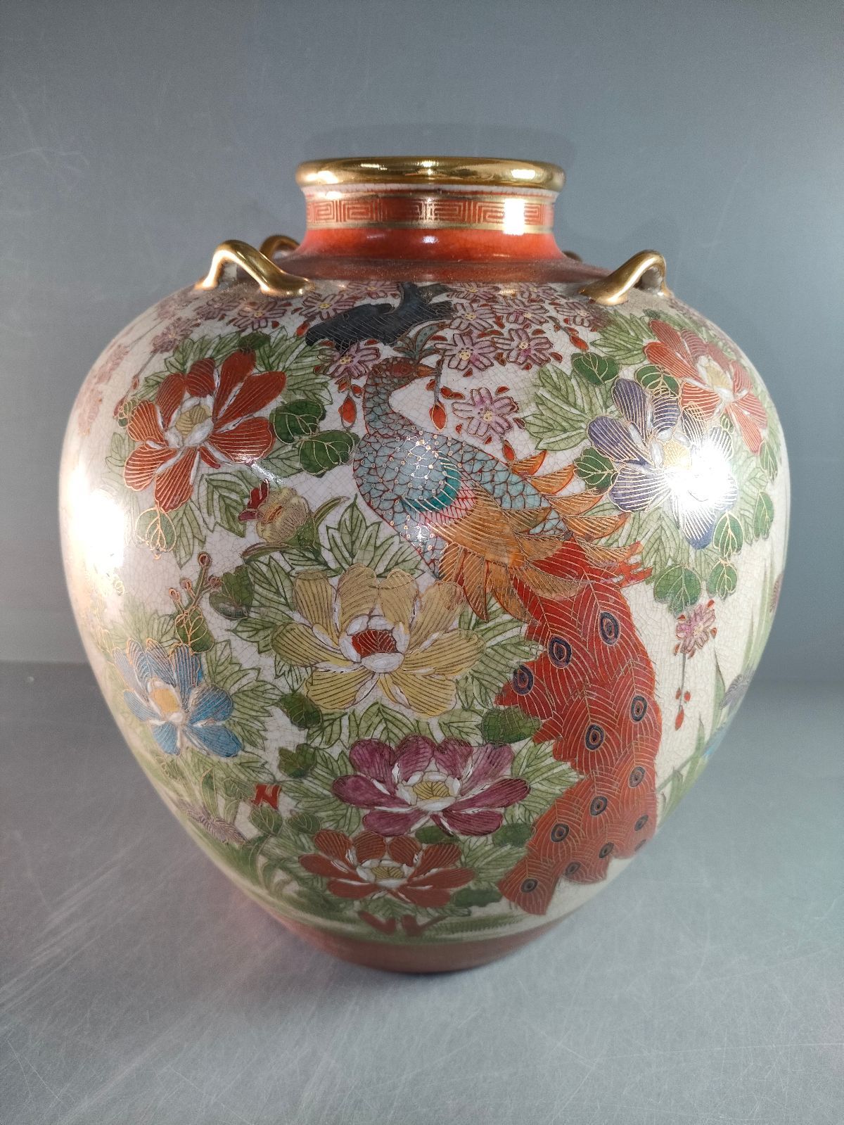 S8-6|薩摩焼|色絵金襴手花鳥図四耳花瓶|花器|花入|華道具|