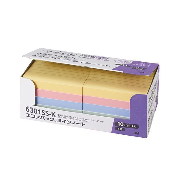 まとめ 3M ポスト イット エコノパック強粘着ノート ラインノート 75×75mm パステルカラー4色 6301SS-K 1パック 10冊 ×3セット