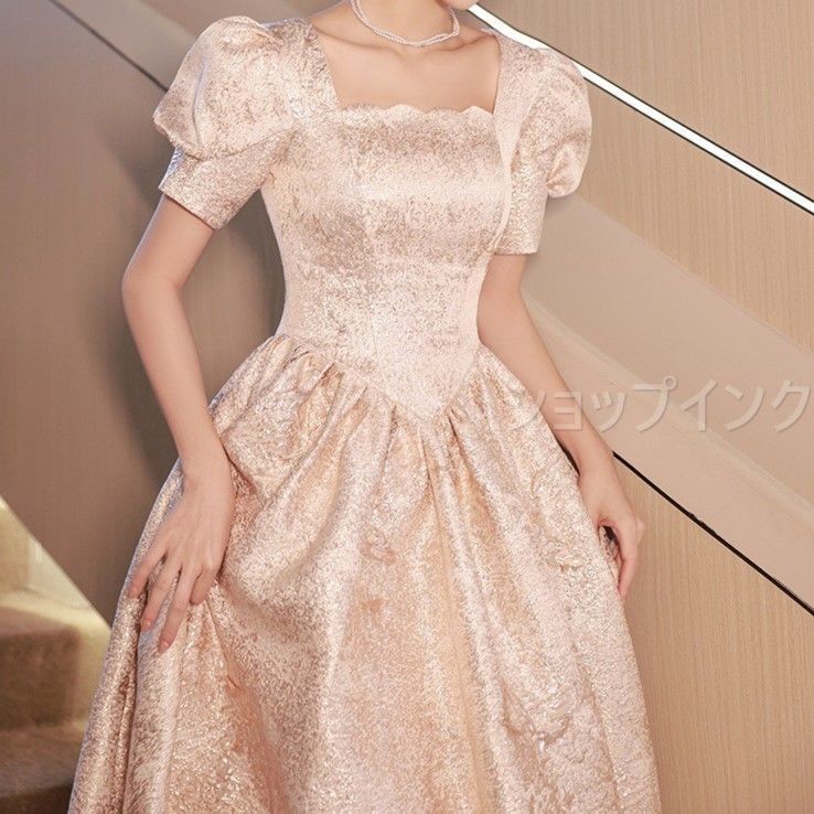 スクエアネック ドレス 大人 ピアノ 発表会ドレス パフスリーブ 袖あり ハイウエスト 大きいサイズ パーティードレス ワンピース Aライン フレア 謝恩会 成人式 二次会 ドレス ステージドレス ロングドレス カラードレス 1125