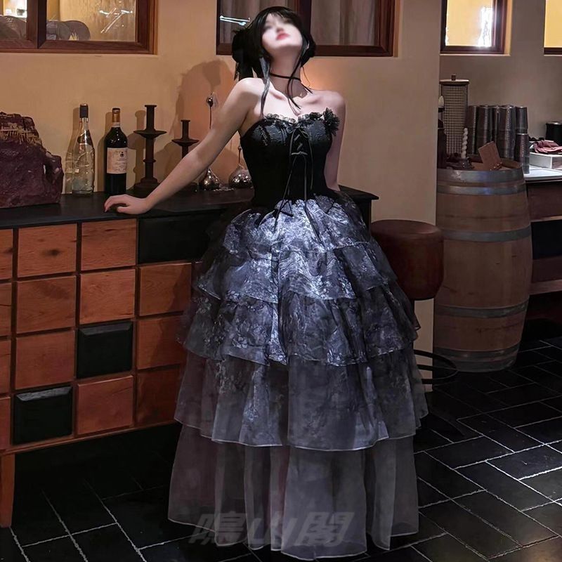 ブラックドレス レディース パーティー 成人式 誕生日 感 蓬裙 ロングワンピ 上品演出用WP 109