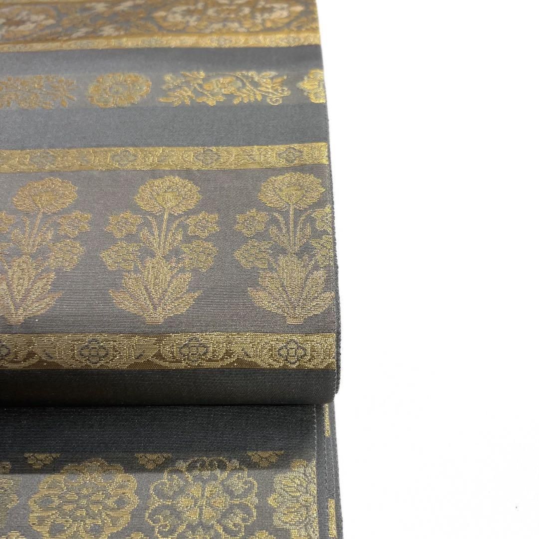 袋帯 全通 間道模様 華紋 唐花 横縞 草木染 本金箔 着物 帯 014a d  