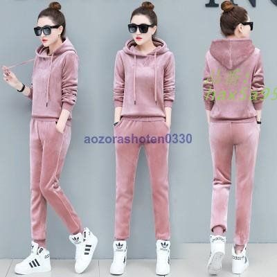 ベルベットセットアップ レディース 上下セット フード付き プルオーバー トレーナー ジョグパンツ 運動着 スポーツウェア ロングパンツ hax5a959849