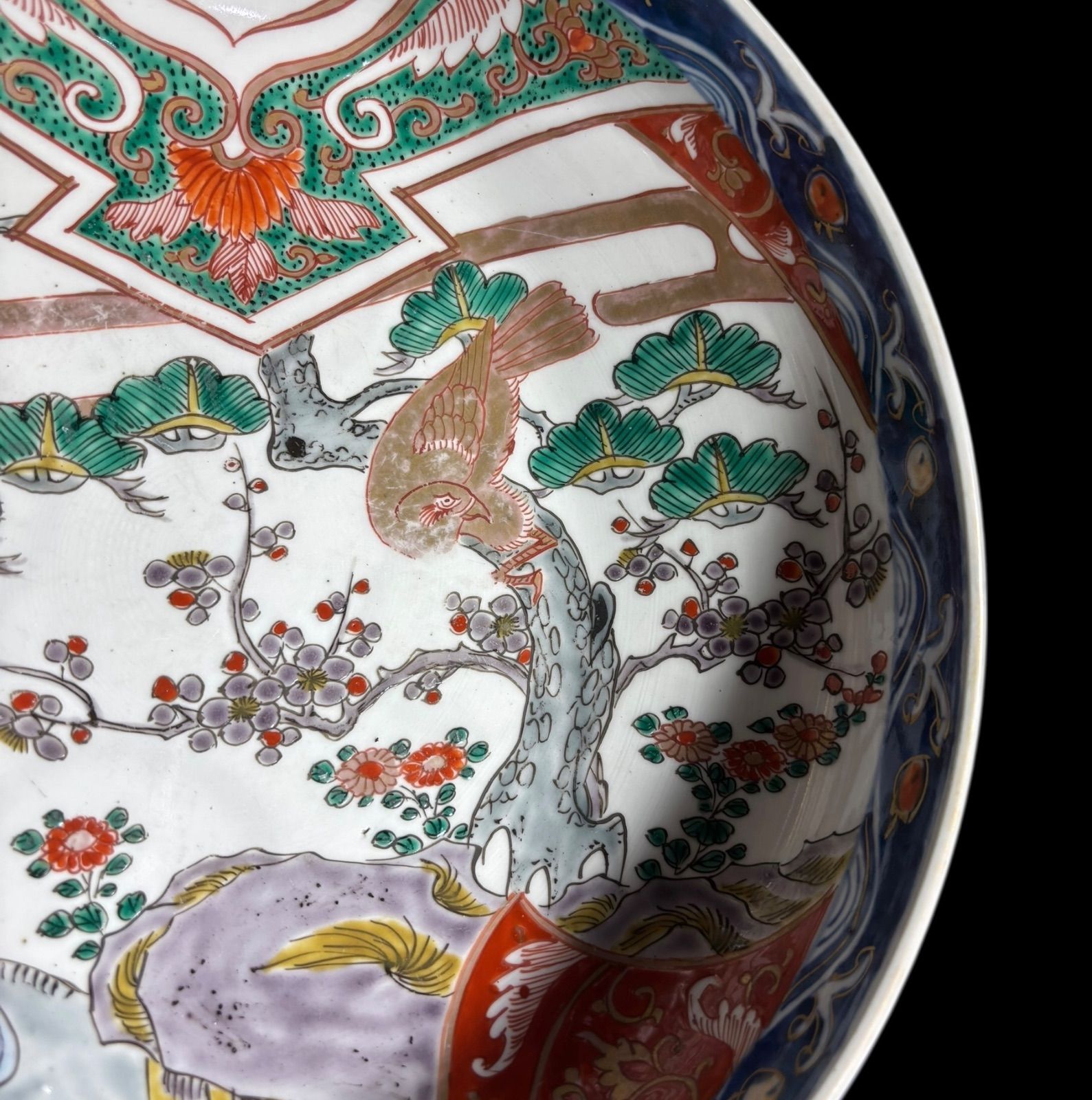 古伊万里　赤絵　松竹梅図　平皿　アンティーク 伊万里 金襴手 赤絵 [松竹梅風景文絵] 錦手 色絵 なます皿 丸皿