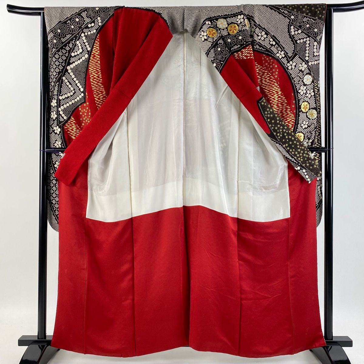 振袖 身丈162cm 裄丈64cm M 袷 花鳥 山並み 染め分け 赤紫 正絹