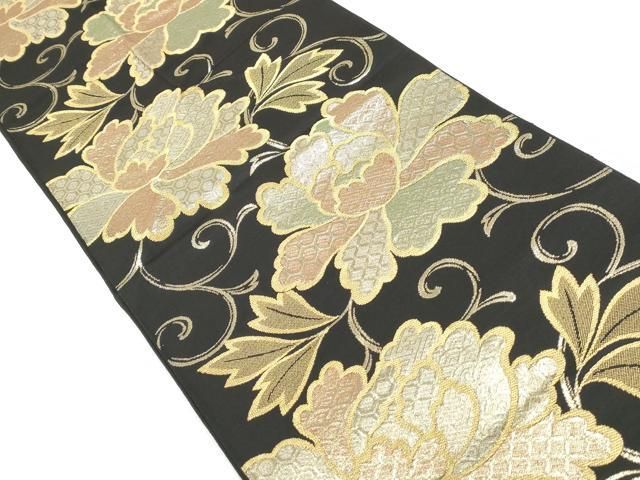 平和屋着物◎六通柄袋帯 花唐草文 黒地 金糸 正絹 逸品 DAAV0829qa  