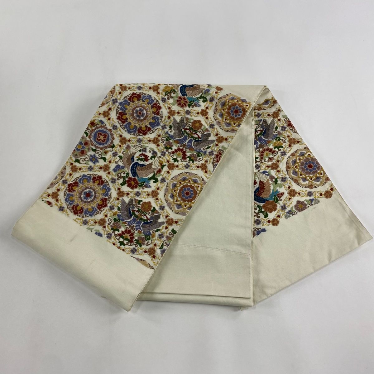 相良刺繍 鳳凰 華文 袋帯 正絹 袋帯 逸品 鳳凰 華文 相良刺繍 金糸 クリーム お太鼓柄 正絹