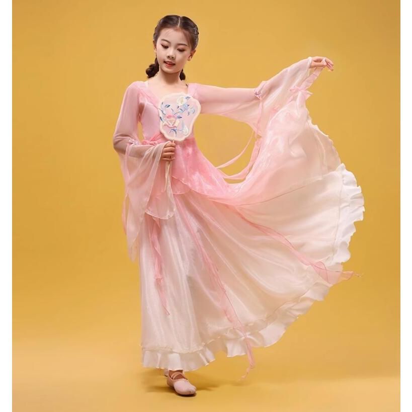 女の子古典ダンス衣装 飄逸な子供古典ダンス服 3点セット チャイナブラウス キュロットスカート 扇子古典ダンスウェア シフォン 子供 唐装