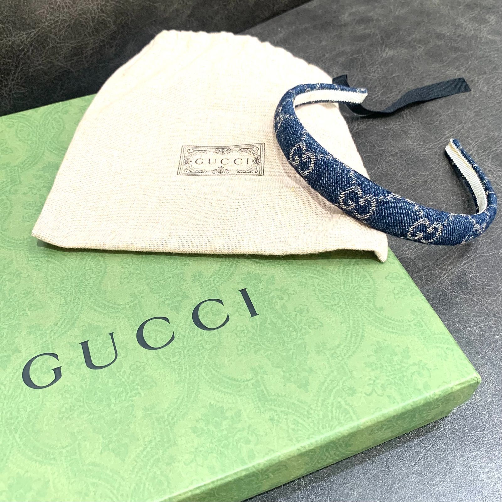 ▽GUCCI/グッチ ウォッシュ デニム カチューシャ 652835 ヘアアクセ 箱 