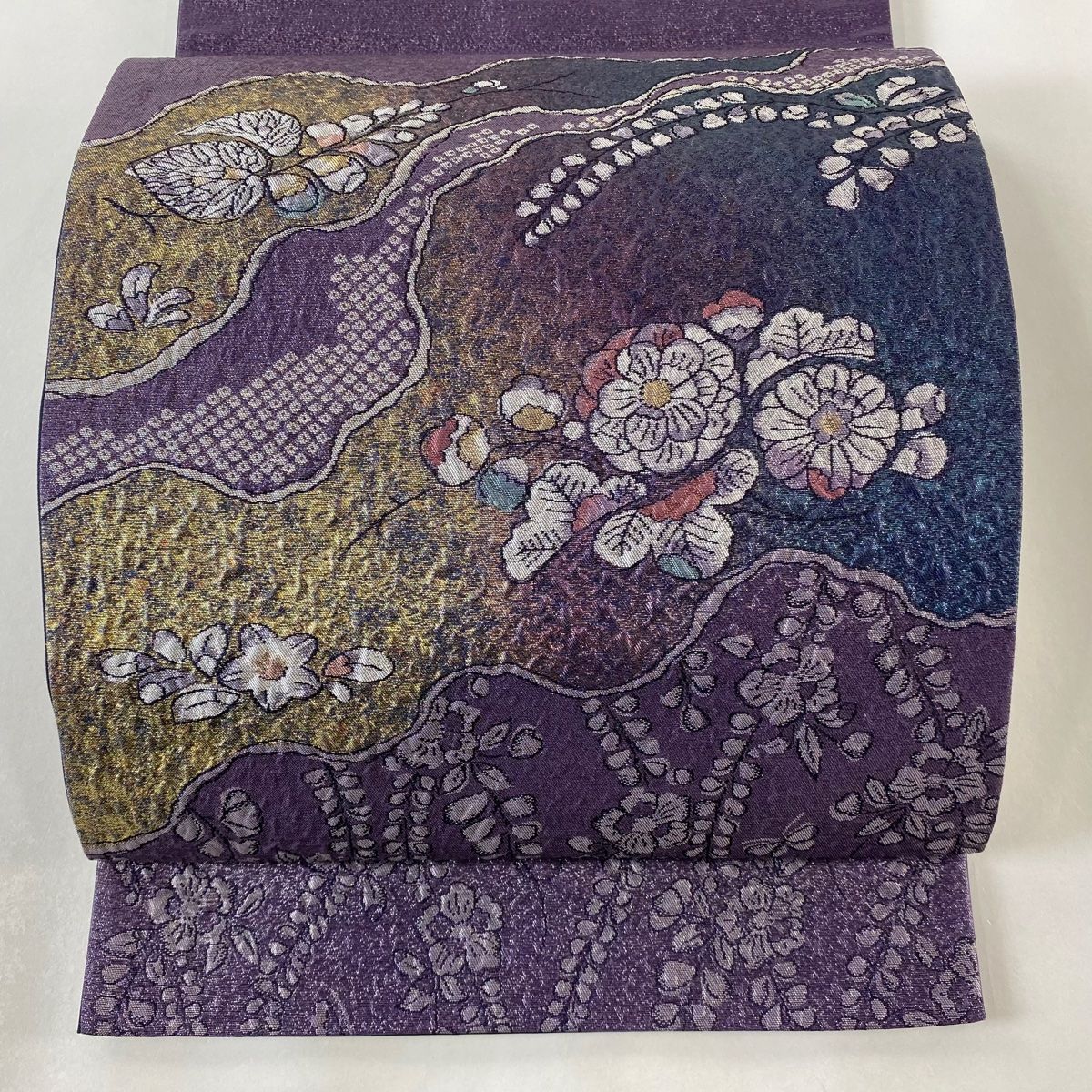 A44辻ヶ花　美品袋帯　薄紫　全通　大太鼓　縮緬　正絹　仕立て上り A44辻ヶ花 美品袋帯 薄紫 全通 大太鼓 縮緬 正絹 仕立て上り