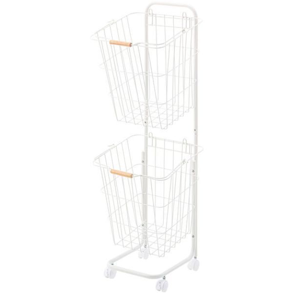 ランドリーバスケット ワゴン アウトレット バスケットワゴン 2段 二段 コンパクト スリム カゴ バスケット 白 ホワイト 洗面所 収納 脱衣所 キャスター付き 洗濯物 スチール 幅37cm 奥行40cm