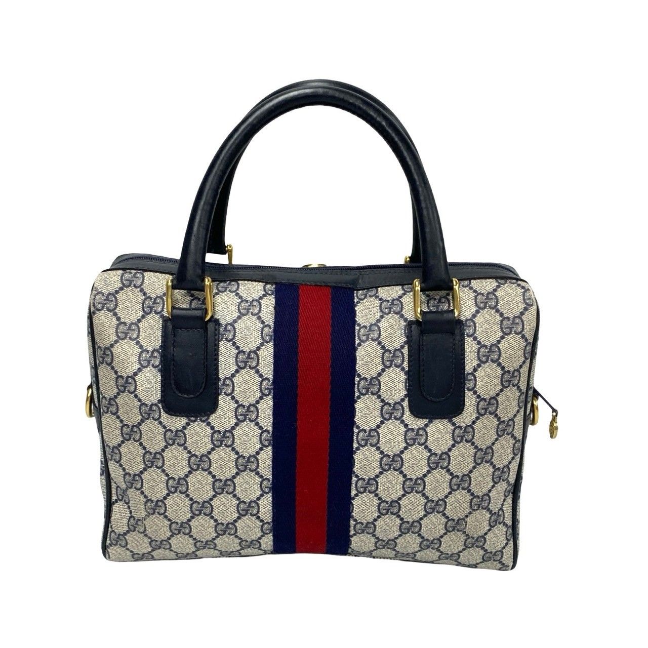 極 美品 GUCCI グッチ オールドグッチ シェリーライン GGロゴ レザー 本革 ハンドバッグ ミニ トートバッグ ボストンバッグ ネイビー  22135 - メルカリ