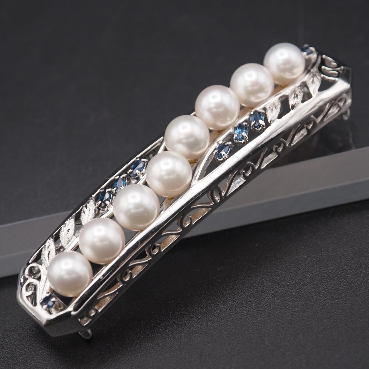 G750 本真珠 6.8-7.2ｍｍ珠 パール サファイア? ブルースピネル? 帯留め リーフ デザイン シルバー 和装小物 6月誕生石
