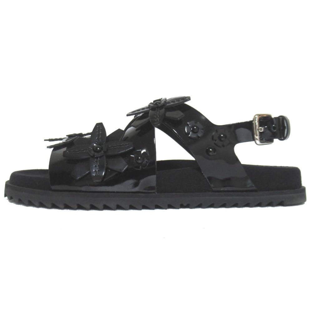 TOD S トッズ パテントレザー フラワーモチーフ スリングバック サンダル サイズ37 約24cm ブラック レディース 古着