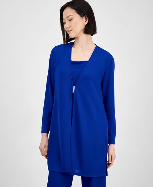 【送料無料】 アンクライン レディース ニット・セーター アウター Women's Bar-Buckle Long-Sleeve Cardigan Santorini Blue