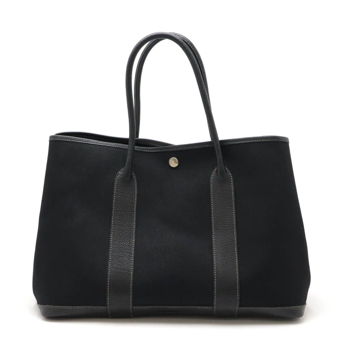 HERMES エルメス ガーデンパーティPM トートバッグ ハンドバッグ トワルオフィシエ キャンバス レザー ブラック 黒 シルバー金具 □G刻印