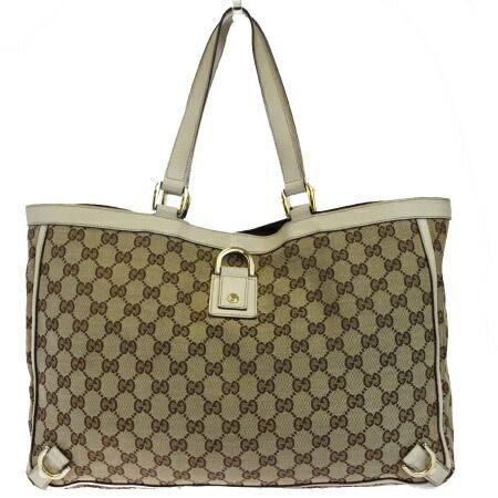【中古】 グッチ GUCCI トートバッグ ショルダー ハンド GG柄 ブラウン ホワイト キャンバス レザー 01EM064