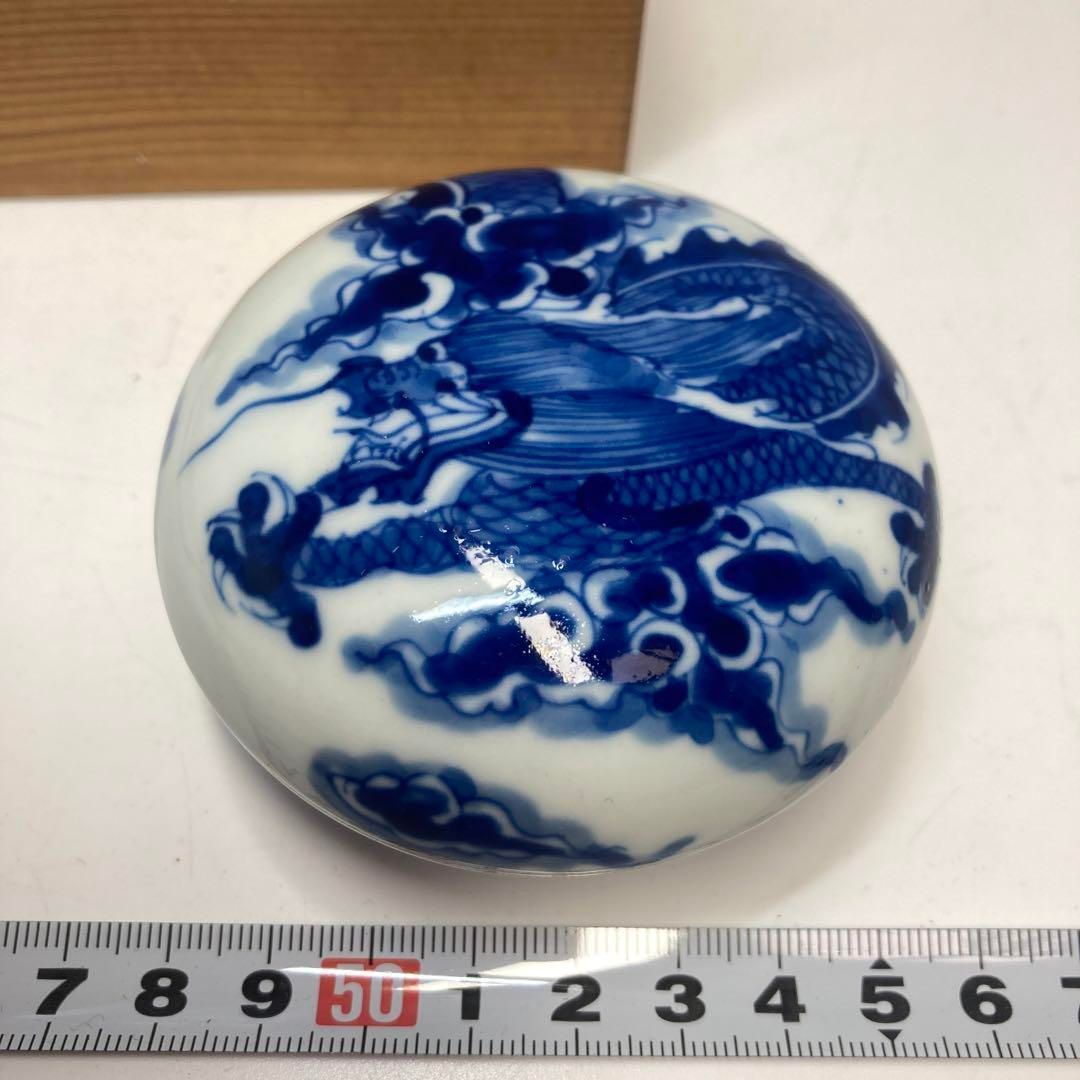 中国　清朝時代　雲龍図　青華　香合　木箱付　トヒサ　本さ5-0512☆ 中国 清朝時代 雲龍図 青華 香合 木箱付 トヒサ 本さ5-0512