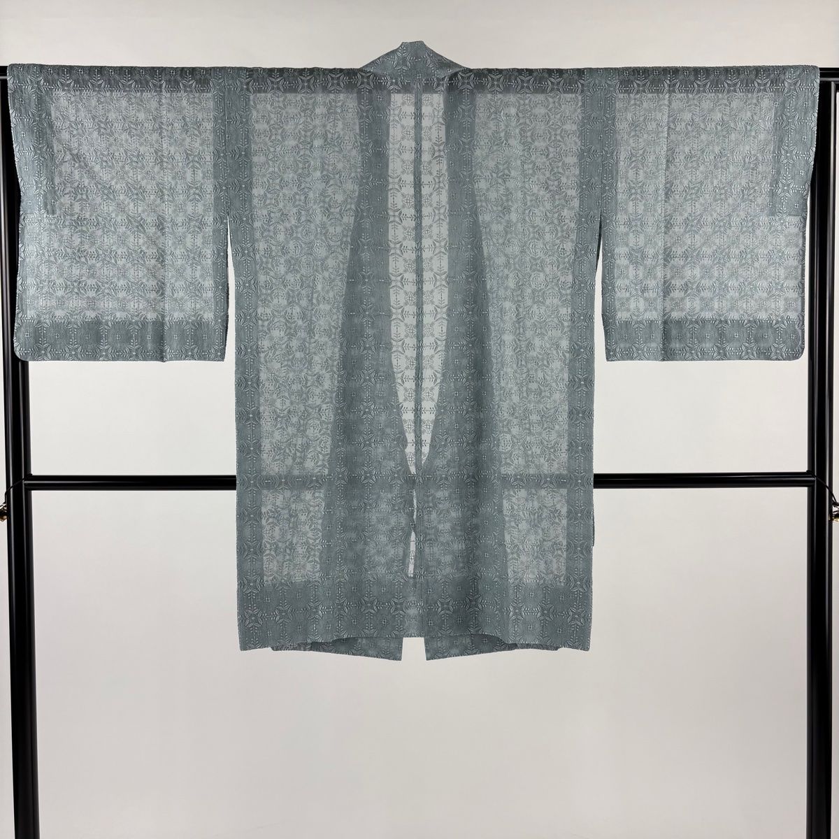 道中着 身丈92cm 裄丈64.5cm M 和装コート 着物衿 格子 華文 灰緑 正絹 名品