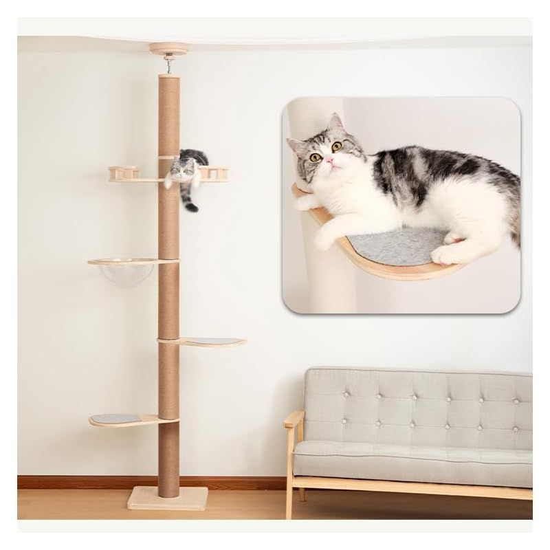 PETTIFUL キャットタワー 突っ張り 木製 大型猫 コットン紐 スリム 木登り 多頭飼い キャットツリー シニア 据え置き 太い支柱 猫タワー 中型 猫キャットタワー おしゃれ コンパクト 省スベース 木製 宇宙船 隠れ家 爪とぎ 安定 高さ203 0
