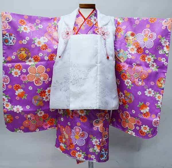 七五三 三歳 女児 被布 着物 フルセット 紫色×白色 ポリエステル 3歳 3