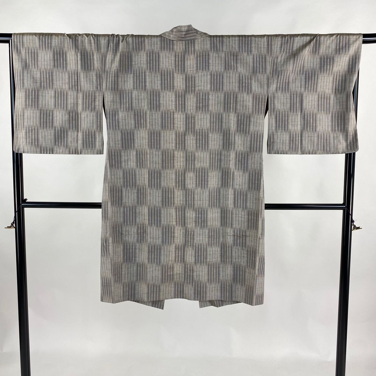 道中着 身丈103cm 裄丈68cm L 和装コート 着物衿 紬地 市松 縞 灰茶 正絹