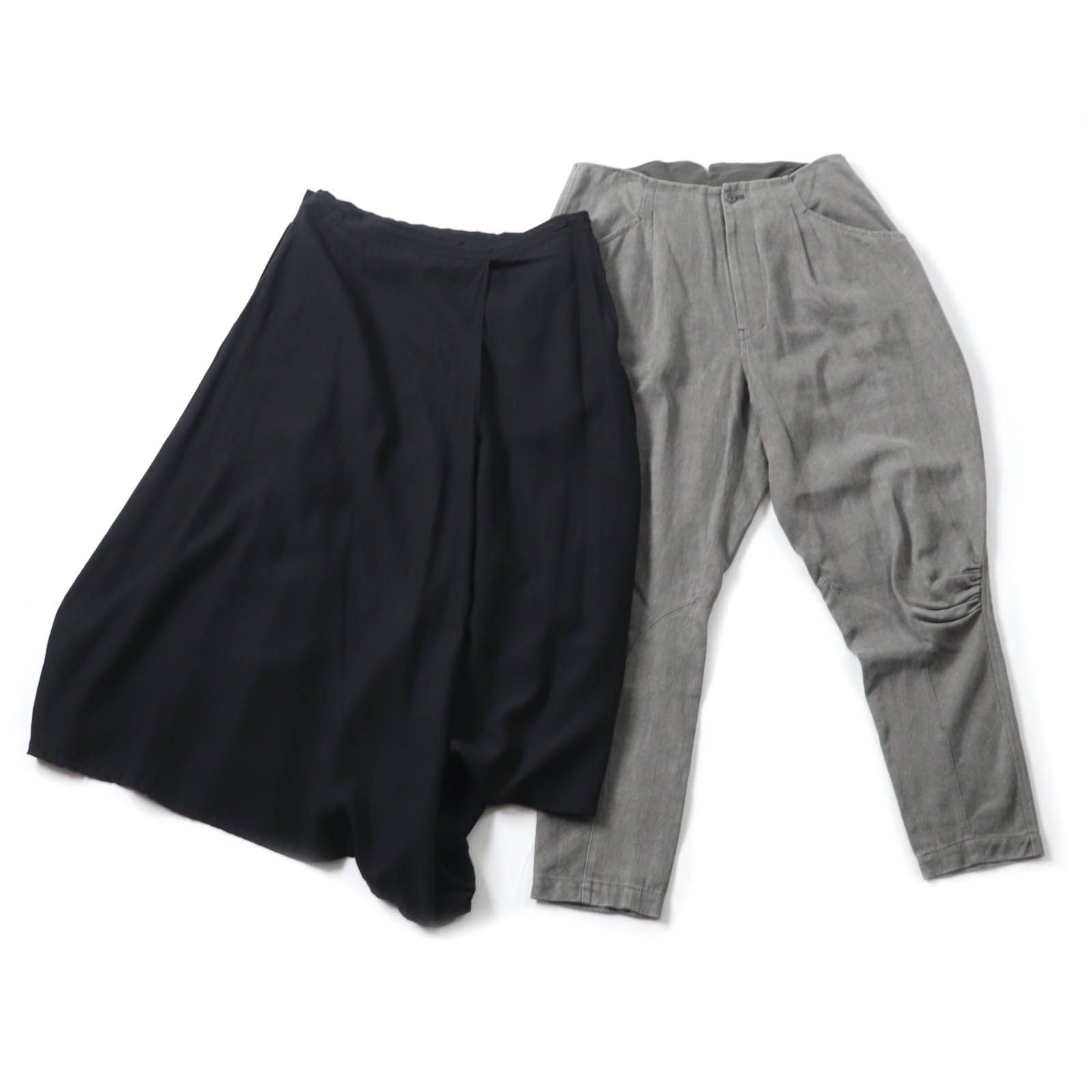 Yohji Yamamoto ヨウジヤマモト YD-S07-200 リネン混 変形レイヤードデザイン ロングスカート＋シンチバック付 サルエルパンツ 2点set ブラック|グレー 2 レディース