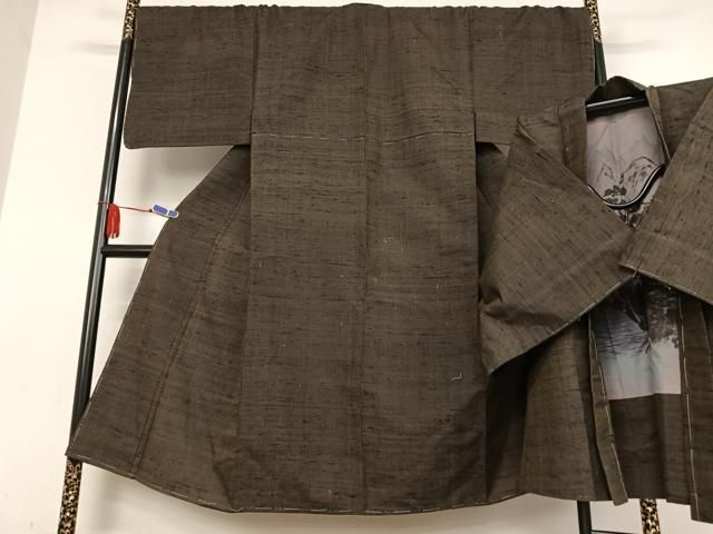 平和屋着物●男性 紬 アンサンブル 色無地 黒鳶色 正絹 AABB0159zg