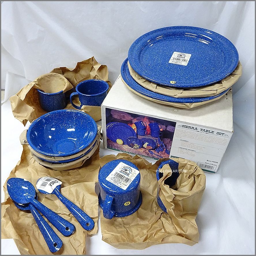 90年代 CINSA ビンテージ ホーロー 琺瑯 食器 シンサ メキシコ製 GSI ロゴス 旧 Blue Granite Ware 16点 テーブルセット エナメルウェア