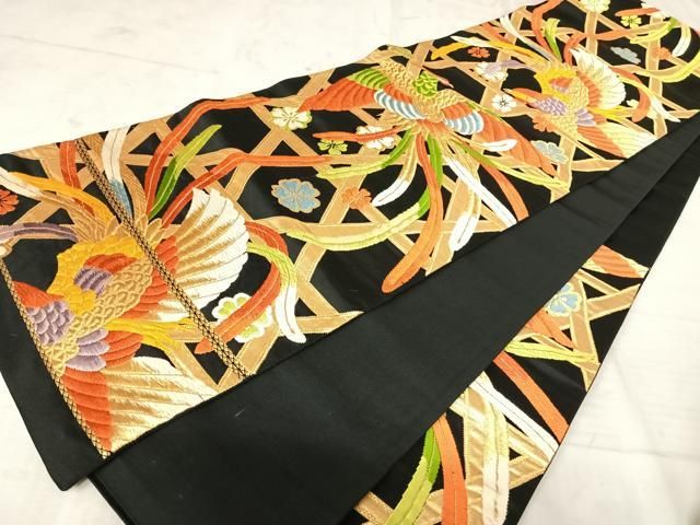 平和屋着物◎六通柄袋帯 唐織 鳳凰花文 黒地 金糸 正絹 逸品