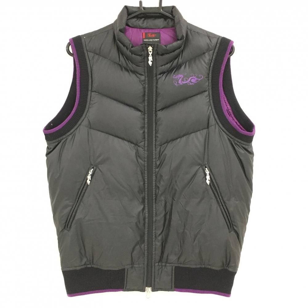 ダンスウィズドラゴン ダウンベスト 黒×パープル ロゴプリント メンズ 2 M ゴルフウェア Dance With Dragon