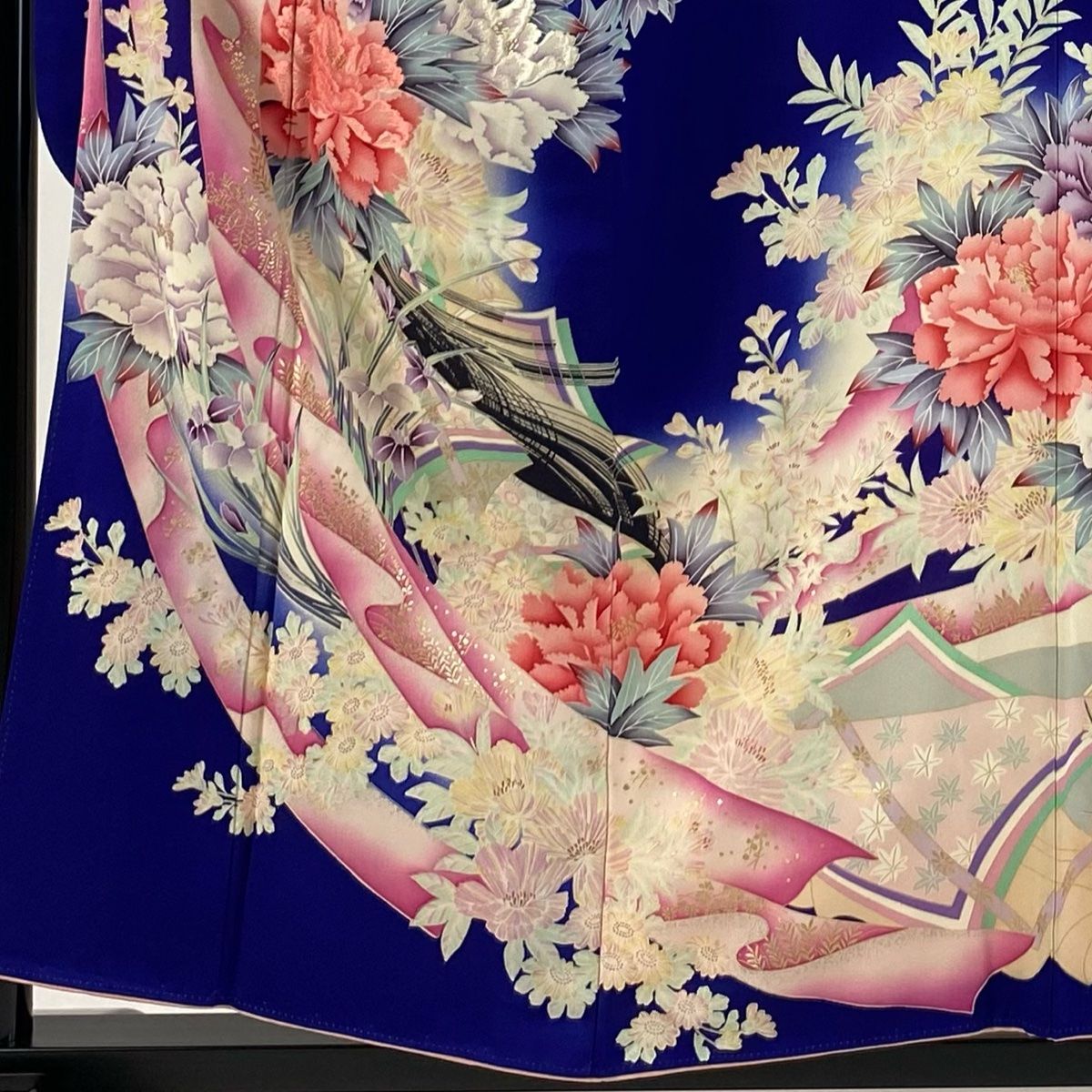 振袖 身丈157cm 裄丈62cm S 袷 牡丹 几帳 金彩 刺繍 青紫 正絹 秀品