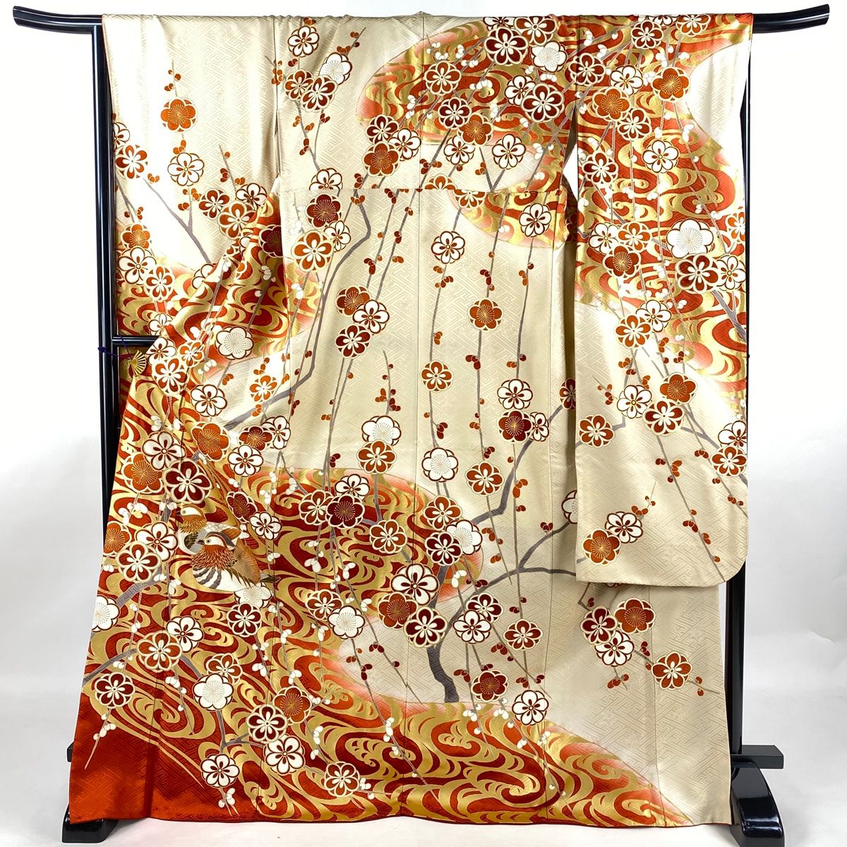 振袖 身丈172cm 裄丈68cm L 袷 鴛鴦 枝梅 金糸 金彩 朱色 正絹 名品  