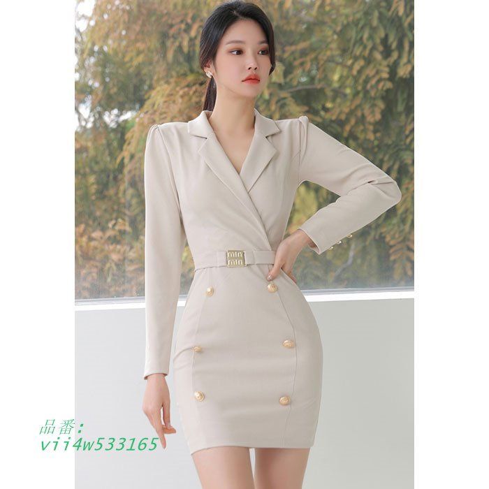 襟付きカシュクール 長袖ショートタイトワンピース