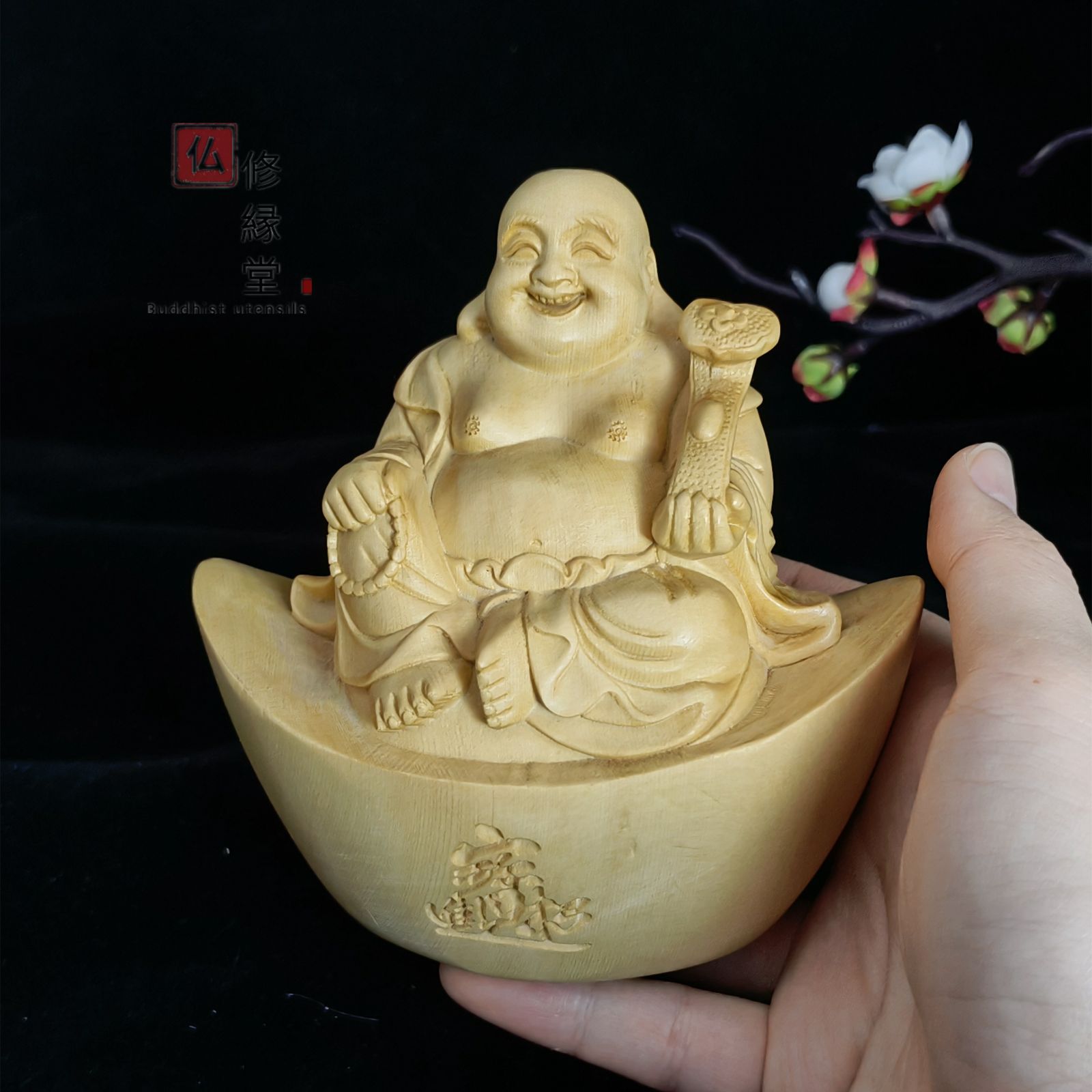 修縁堂】極上品 木彫仏像 七福神 立像 布袋様 彫刻 一刀彫 天然